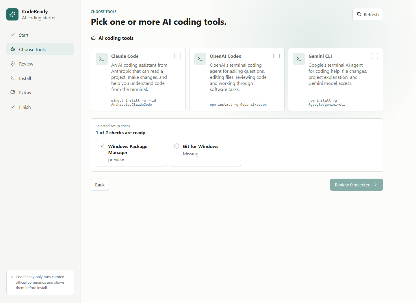 Choose AI coding tools screen