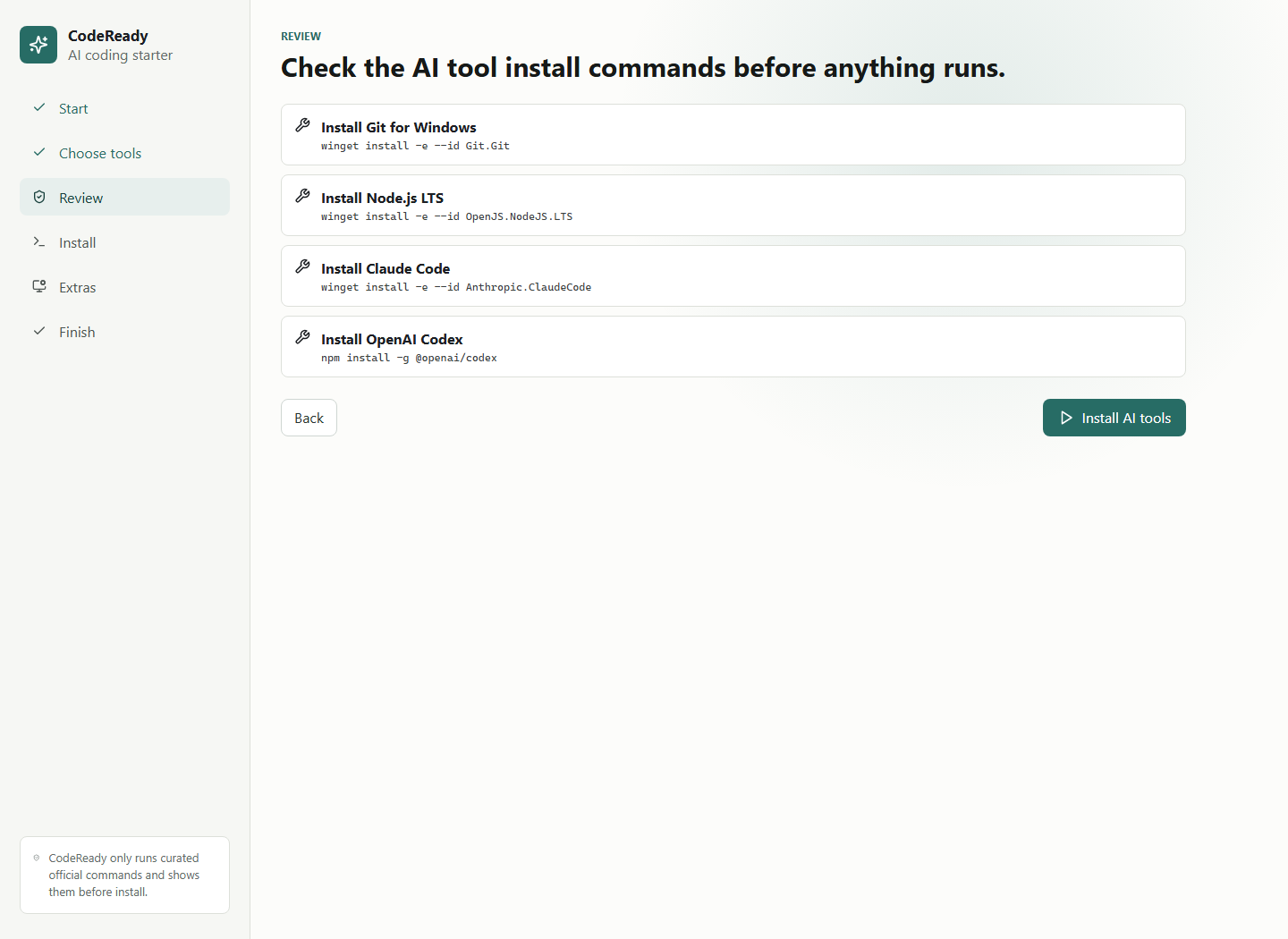 Review install commands screen