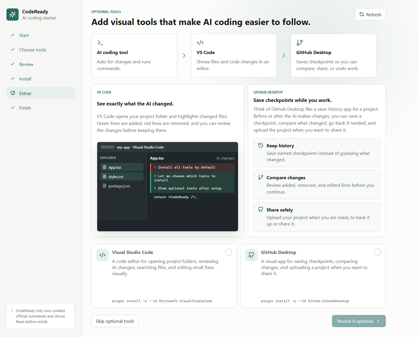 Optional visual tools screen